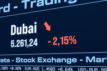 Fototapeta premium Dubai stock index moving down. United Arab Emirates, falling share prices, bearmarket, reduction, investment, business, crash, loss, crisis, stock market data. 3D illustration