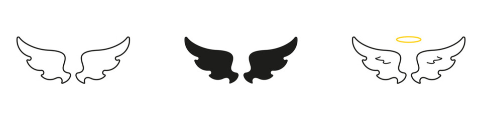 Spiritual Angel Wings Line And Solid Icon Set. Divine Guardian Symbols With Feathered Shapes For Faith, Flight, And Ascension Concepts. Symbol Collection. Isolated Vector Illustration