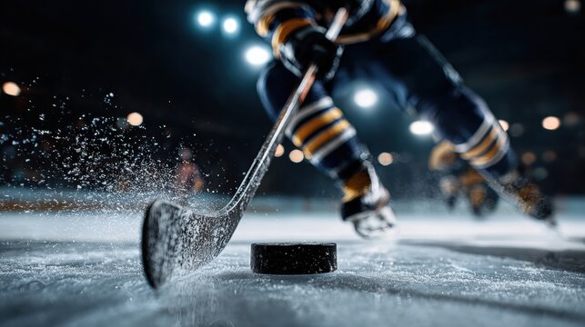 A dynamic hockey player gets ready to strike the puck on the ice, illuminated by dramatic stadium lights, representing the essence of intensity and concentration in sports. - Powered by Adobe