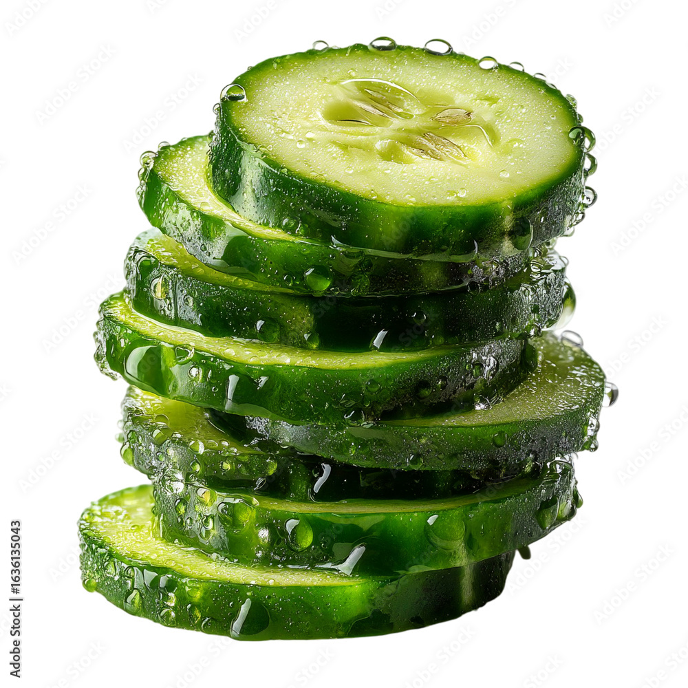 Poster stack of fresh cucumber slices with water droplets on a black background isolated on transparent bac