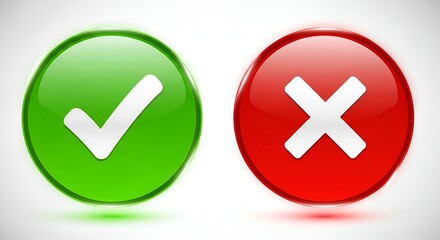 A pair of glossy buttons showing a green check mark and a red x mark on white