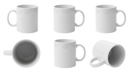 Blank white coffee mug set mockup, multiple angles, png