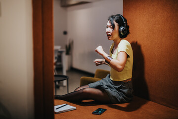 An individual wearing headphones, sitting in a relaxed position indoors, immersed in the rhythm of music, with a modern and casual vibe. © qunica.com