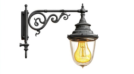 Fototapeta premium Ornate black street lamp with warm bulb