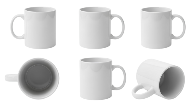 Blank white coffee mug set mockup, multiple angles, png