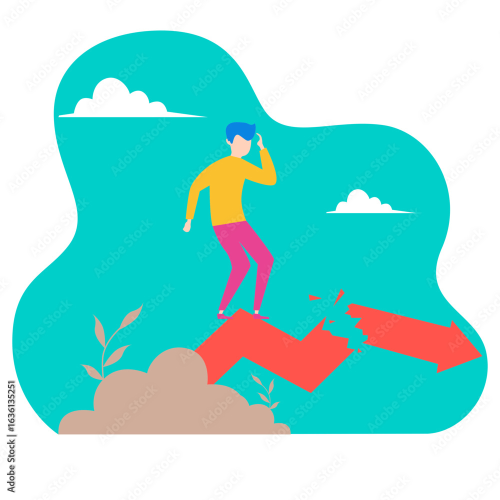 Poster failure. man standing on a broken red arrow chart isolated on transparent background.