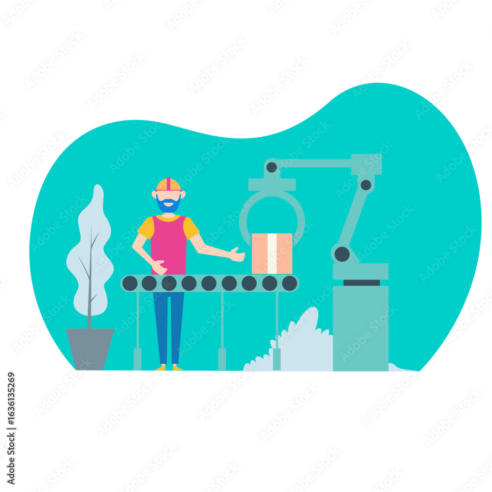 Poster factory worker. factory worker and robotic arm on a conveyor belt isolated on transparent background