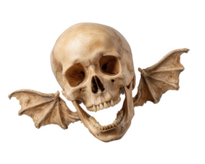 Halloween skull with bat wings and goofy smile, spooky bone decoration, fantasy horror, isolated on transparency background, playful and creepy mood