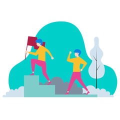 Fototapeta premium Leadership. Two men climbing stairs with a flag representing success and achievement isolated on transparent background.