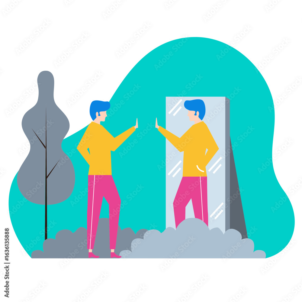Poster self reflections. man looking at himself in a mirror with a tree and abstract shapes isolated on tra