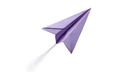 Purple paper airplane in flight leaving a trail