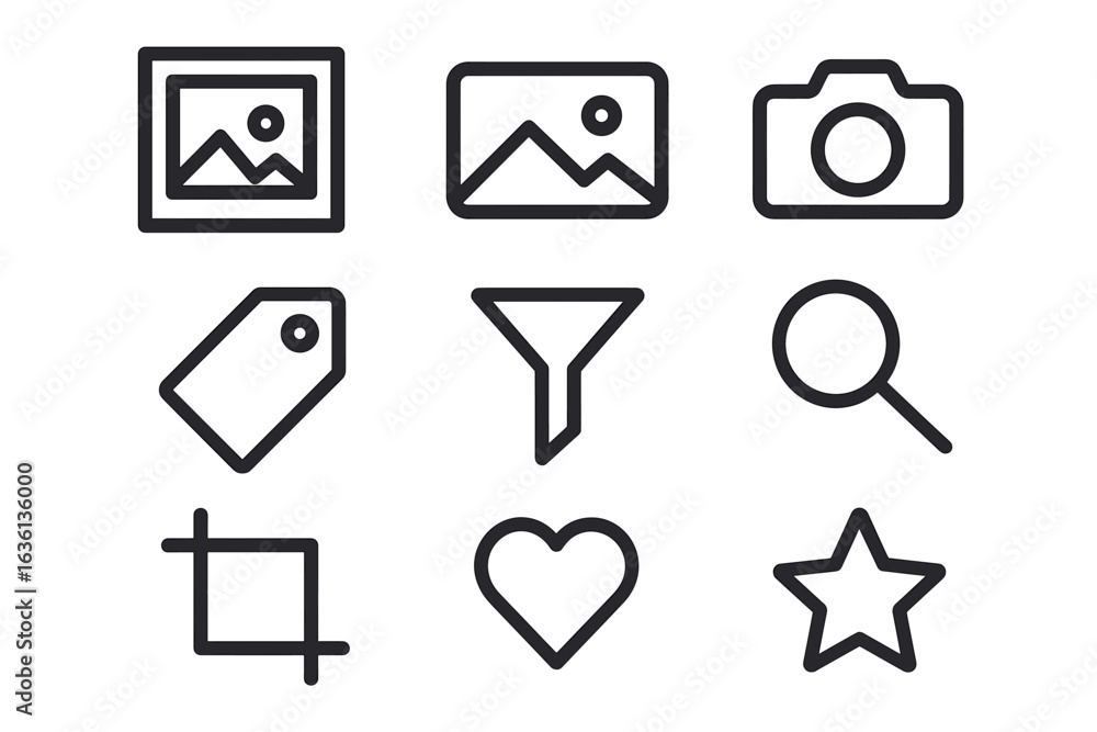 Poster set of 9 black icon design elements including image, camera, and filter symbols