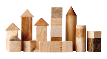 Natural wood building blocks in towerTransparent background, PNG file