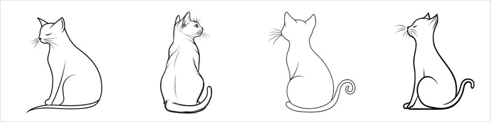 Collection of hand-drawn minimalist cat line art illustrations in various poses.

