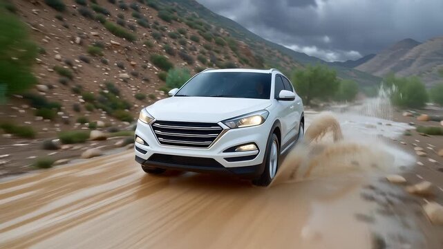 SUV crosses large puddle with water splashing dramatically. Outdoor setting features rugged terrain and surrounding greenery. Concept of automotive adventure, travel, outdoor exploration
