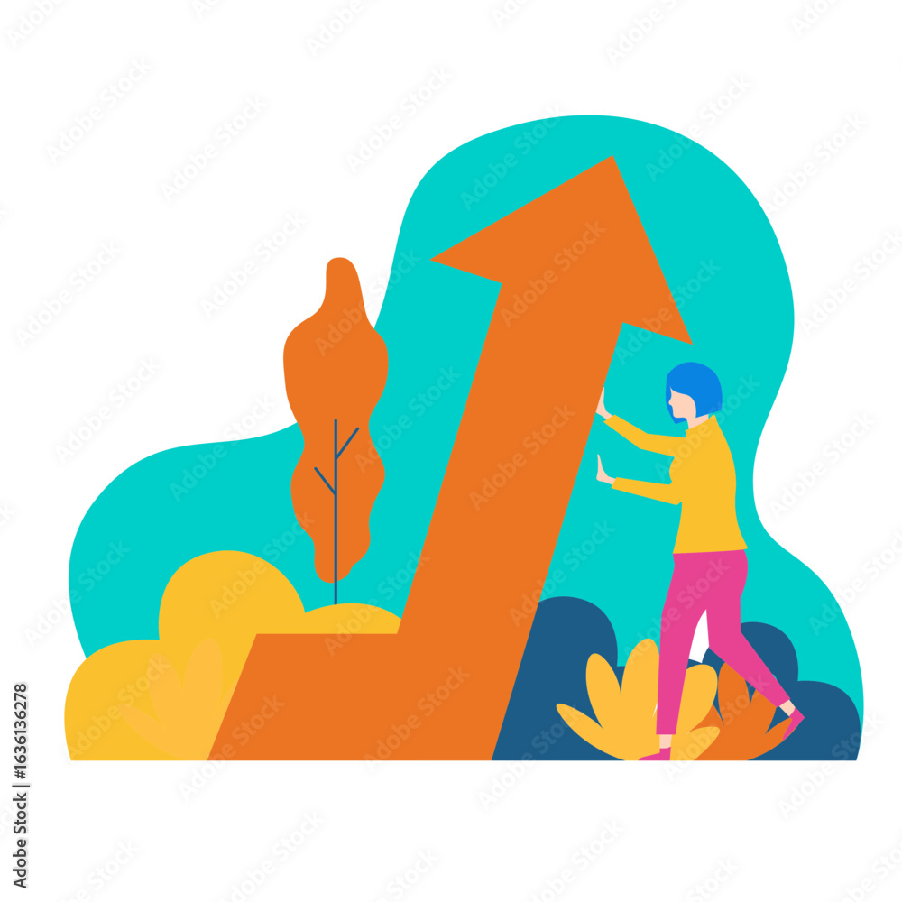 Poster changing direction. woman pushing upward arrow symbolizing growth and progress isolated on transpare