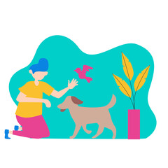 Animal Care. Person playing with dog and bird isolated on transparent background.