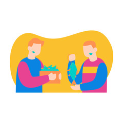 Fototapeta premium Barter Trading. Two men with a catch of fish isolated on transparent background.
