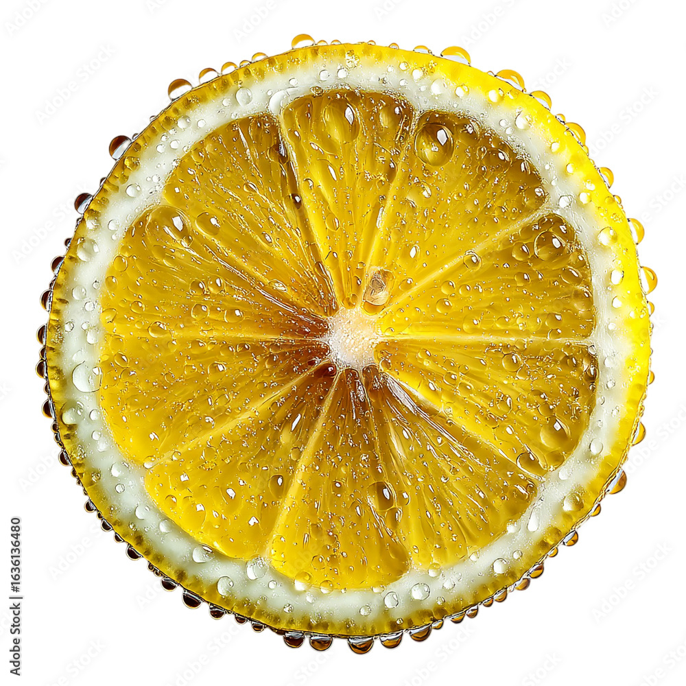 Poster a single lemon slice with water droplets on a black isolated background isolated on transparent back