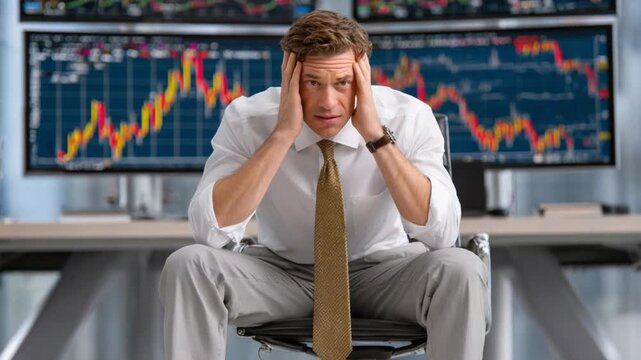 Stress of Market Volatility: A trader, overcome by stress and the weight of financial uncertainty.