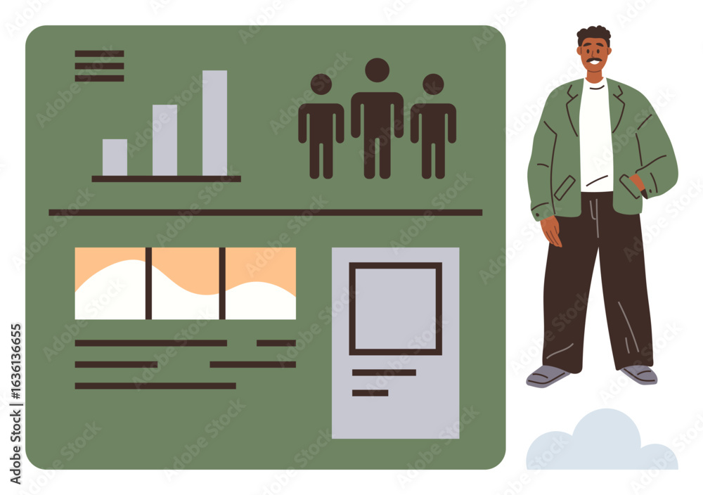 Poster digital dashboard includes graphs, charts, icons, and visual layout with a person standing nearby. i