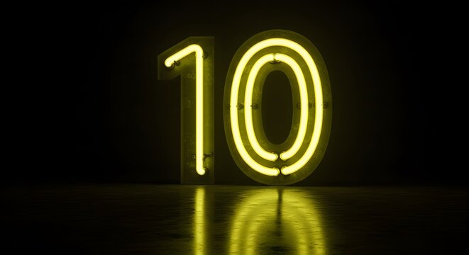 Glowing neon number ten, illuminated against a dark background, reflecting on a surface.