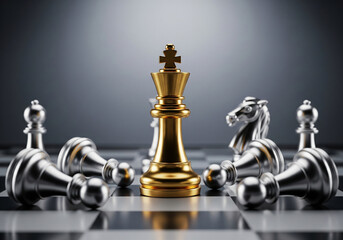 Elegant golden chess king standing tall, victorious strategy, leadership and success concept