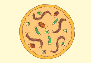 Halloween pizza topped with a cockroach, severed finger, and eyeball. A surreal, horror-themed food concept blending shock, gore, and dark humor for Halloween or horror visuals.