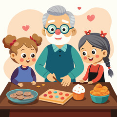 Grandfather baking cookies with happy grandchildren, family bonding and homemade dessert fun cartoon illustration.