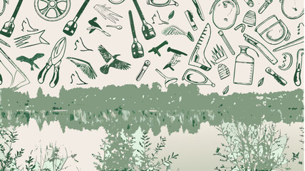A whimsical illustration featuring garden tools, birds, and foliage above a serene lake scene with trees silhouette