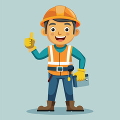 Cartoon Construction Worker Ready to Work Holding Tools with an Eager Smile and Safety Gear On