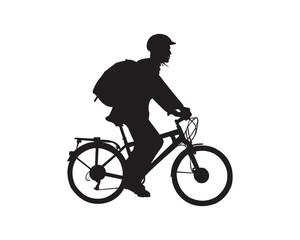 Silhouette of a Cyclist Riding a Bicycle with Backpack on White Background