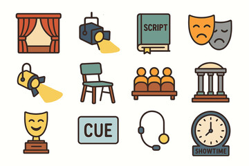Colorful theater icon set featuring stage, lighting, script, masks, and more
