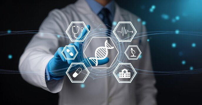 Futuristic display of a hand in a lab coat sleeve touching a holographic DNA