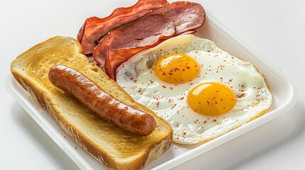 plastic breakfast tray with eggs toast and sausage on white background
