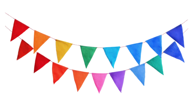 Party flags garland with vibrant colorsTransparent background, PNG file