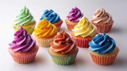 plastic cupcakes with colorful frosting arranged on white background