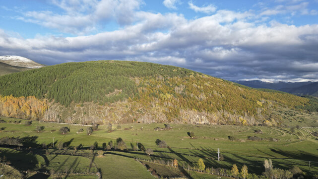Aerial view of a contrasting landscape where evergreen forests meet the golden hues of autumn, under a sky streaked with clouds, Posof, Ardahan, T&Atilde;&frac14;rkiye.