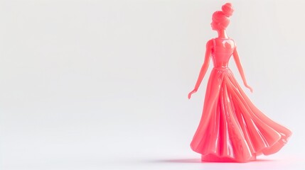 plastic doll figure in pink dress standing on white background