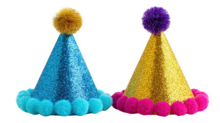 Party hats with glitter and pom pomsTransparent background, PNG file