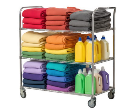 Colorful towels laundry cart detergent bottles organized clean metal shelves household cleaning supplies vibrant hygiene