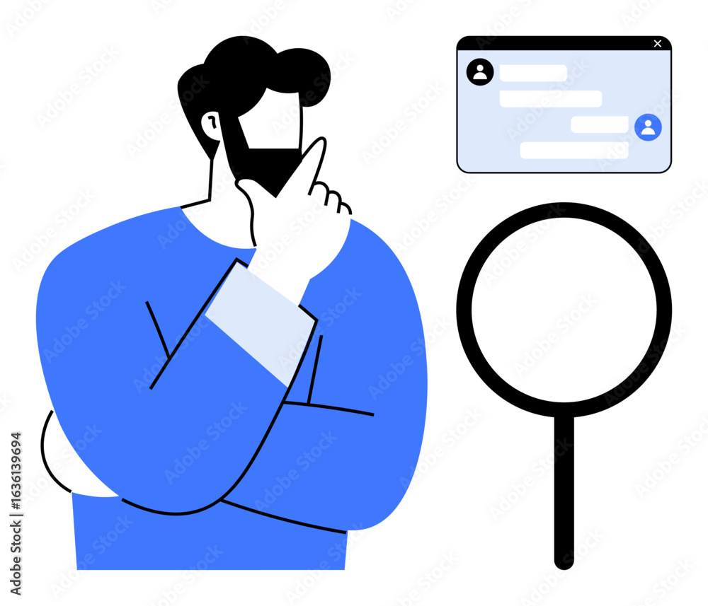 Poster man deep in thought with magnifying glass and chat window, representing research and interaction. id