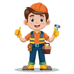 Fototapeta premium Cartoon Construction Worker Ready to Work Holding Tools with an Eager Smile and Safety Gear On