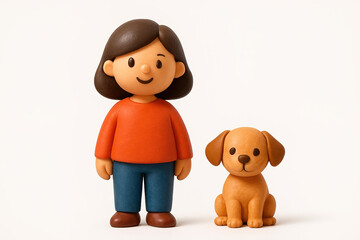 Clay girl and dog figurines on a white background