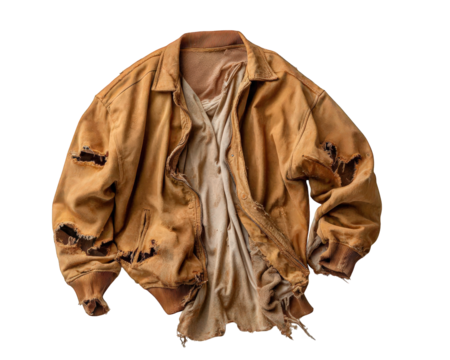 Distressed leather jacket with torn elbows and frayed edges layered over worn t shirt, vintage style outerwear with rugged, casual, and weathered appearance