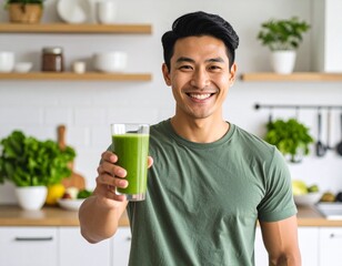 Smiling young asian man holding a green smoothie in a modern kitchen, healthy lifestyle, wellness