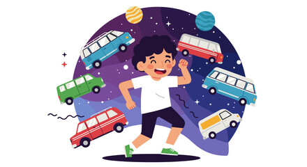 Joyful boy running with happy vans floating around in space adventure