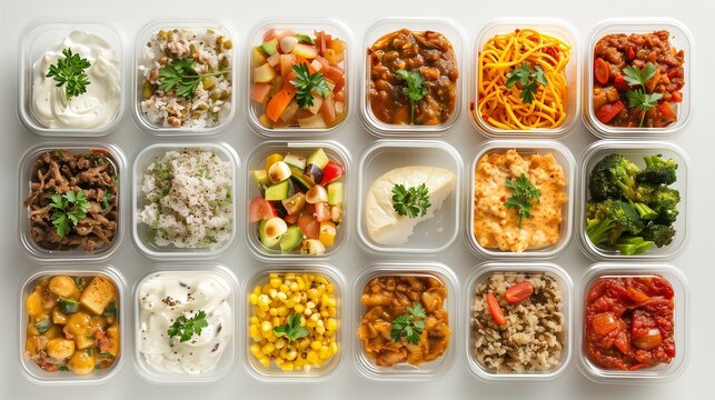 plastic food tray with assorted mini meals on white background