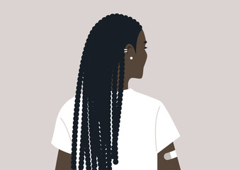 A stylish portrait captures an individual from behind, showcasing a vaccination bandage on their arm, symbolizing health resilience and personal commitment to well-being
