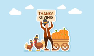 Man wearing hat holding a sign that says thanksgiving standing near several turkeys and a wagon full of pumpkins illustration of appreciation for Thanksgiving Day celebration